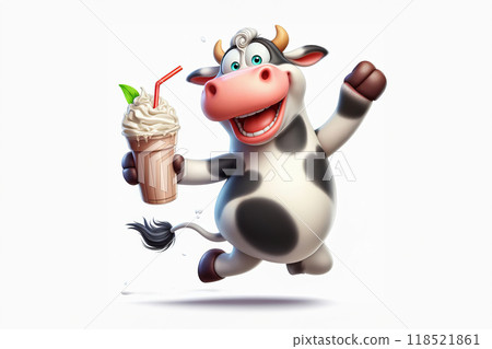 a funny cow that is jumping in the air, holding milkshakes, white background, a funny cow that is jumping in the air, holding milkshakes, white background, 118521861