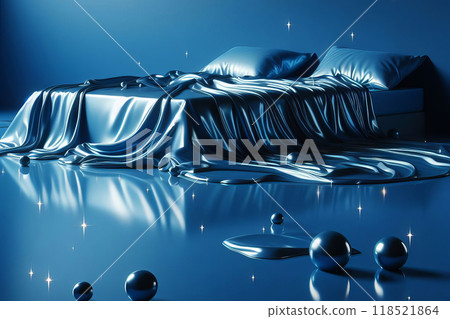 a bed sitting on top of a shiny blue floor,digital art, floating metallic objects, flowing silk sheets, realistic metal reflections 118521864