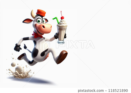 funny cow running with milkshake in hand, cartoon smiling face, cute character for kids 118521890