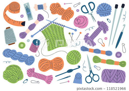 Knitting tools set, colorful yarn, needles, scissors, pins, and needlework accessories in flat vector illustration. Doodle style, modern cartoon icons for craft, hobby, and sewing projects 118521966