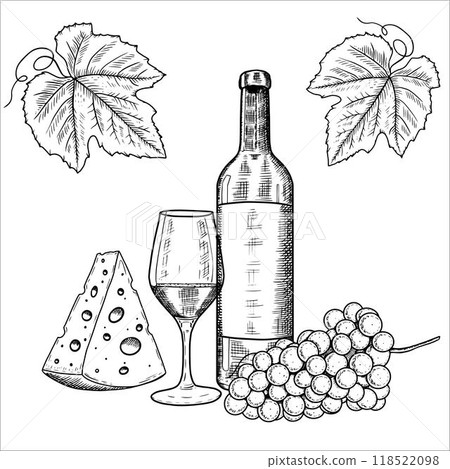 Hand drawn bottle of wine, glass, grapes, cheese. Vector illustration Hand drawn bottle of wine, glass, grapes, cheese. Vector illustration 118522098
