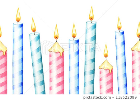 Seamless border with a pink, blue striped candles. Watercolor illustration Seamless border with a pink, blue striped candles. Watercolor illustration 118522099