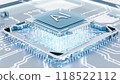 CPU connection with motherboard. AI accelerated microchip connecting with white PCB. Chip activates circuit board. Semiconductor metle surface. 118522112