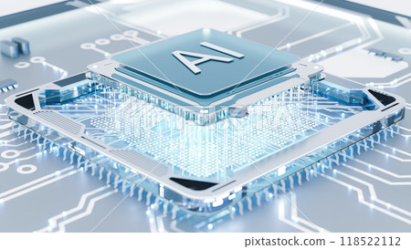 CPU connection with motherboard. AI accelerated microchip connecting with white PCB. Chip activates circuit board. Semiconductor metle surface. 118522112