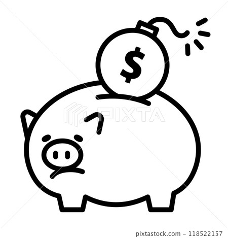 An icon representing being in debt. A piggy bank containing a bomb with a dollar symbol on it. 118522157
