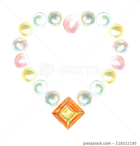 Pearl beads on the neck with pendant hand-painted in watercolor. Necklace with precious pearls are strung in heart shape and precious crystal four sided faceted gem in orange color. Illustration drawn Pearl beads on the neck with pendant hand-painted in watercolor. Necklace with precious pearls are strung in heart shape and precious crystal four sided faceted gem in orange color. Illustration drawn 118522195