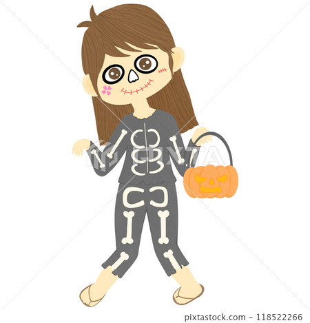 Cartoon girl wearing a skeleton mascot costume. 118522266