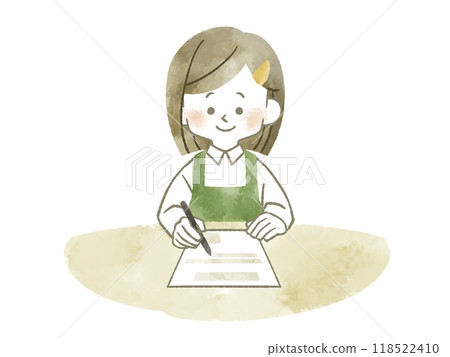 一個穿著圍裙的女人填寫一份文件 — 水彩 一個穿著圍裙的女人填寫一份文件 — 水彩 118522410