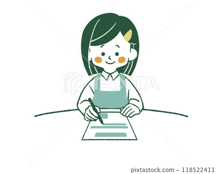 一位穿著圍裙的女士正在填寫一份文件 - 4 種顏色 118522411