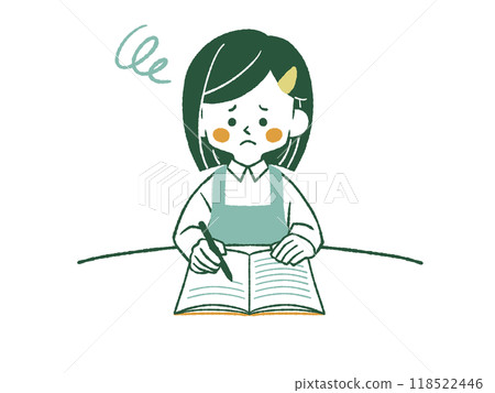 一個穿著圍裙的女人帶著困惑的表情在筆記本上寫字 — 4 種顏色 118522446