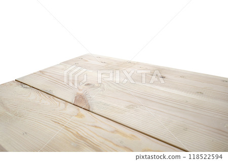 A wooden table is isolated over a white background. The table is empty and has a natural 118522594