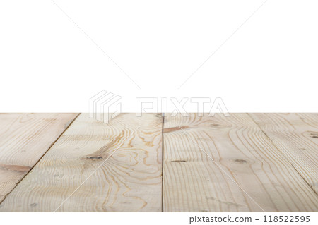 A wooden table is isolated over a white background. The table is empty and has a natural 118522595
