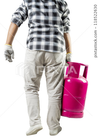 A man is holding a pink gas cylinder 118522630