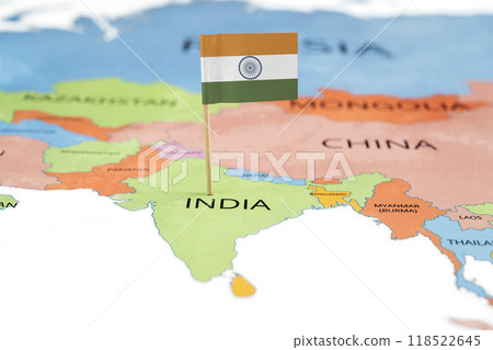 A map of India with the national flag of India on it A map of India with the national flag of India on it 118522645