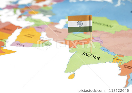 A map of India with the national flag of India on it A map of India with the national flag of India on it 118522646