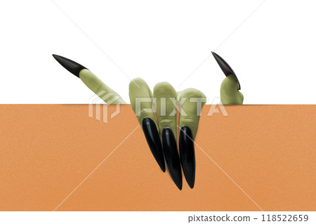 Witch hands with black nails holding a board on a white background 118522659