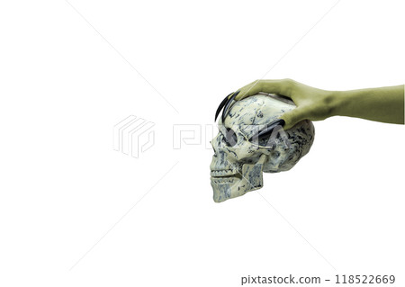 Witches hand holding a human head skull. The hand color is green. Evil, zombie, or monster hand 118522669