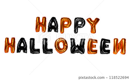 Happy Halloween is isolated over a white background. It is made of balloons and is orange and black. The balloons are arranged in a way that makes the letters look like they are popping out. Happy Halloween is isolated over a white background. It is made of balloons and is orange and black. The balloons are arranged in a way that makes the letters look like they are popping out. 118522694
