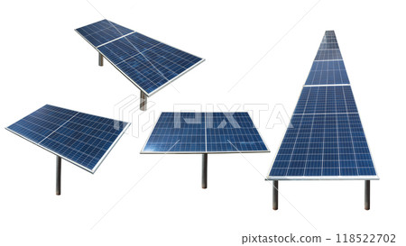 A Set of four blue solar panels or solar cells is shown in different orientations isolated over a white background 118522702