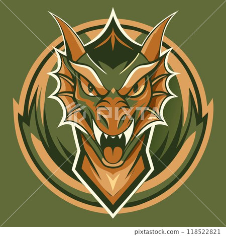 Dragon head emblem. Animal monster symbol. Ancient legend decoration. Cartoon asian beast sign 118522821