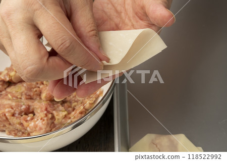 Wonton: Hands wrapping meat in wonton skin Wonton: Hands wrapping meat in wonton skin 118522992