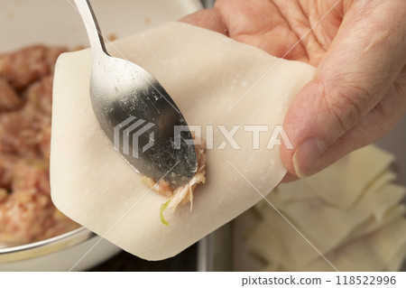 餛飩 把肉包在餛飩皮里 118522996