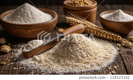 flour on the table on a dark background. Flour, butter 118523182