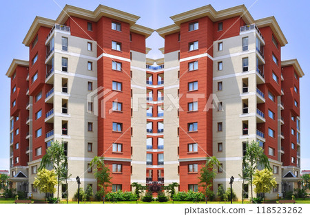 Modern housing two apartments and details. Facade, center. District, condominium 118523262