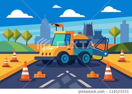 Laying asphalt on the summer street.Road work Laying asphalt on the summer street.Road work 118523331