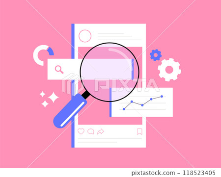 Social media SEO - boost visibility and attract more users. Social media optimization content, alt text to posts, using seo relevant hashtags. Descriptive captions with keywords. Vector illustration 118523405