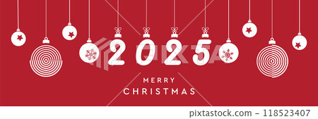 2025 greeting card with hanging christmas decoration vector illustration 2025 greeting card with hanging christmas decoration vector illustration 118523407