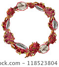 Wreath with pink dragon fruit, round frame with pitaya. Exotic tropical ripe fruits, slices and whole, hand drawn watercolor in realistic style 118523804