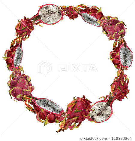Wreath with pink dragon fruit, round frame with pitaya. Exotic tropical ripe fruits, slices and whole, hand drawn watercolor in realistic style 118523804