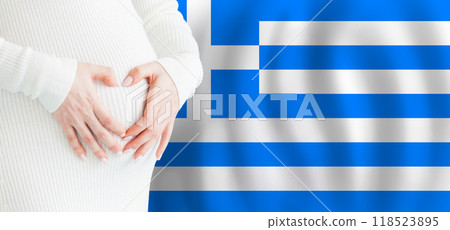 Demographics, pregnancy and love baby in Greece concept. Pregnant woman making heart 118523895