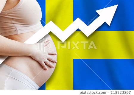 Increasing birth rate. Demographics and pregnancy in Sweden concept. Close-up of pregnant woman  Increasing birth rate. Demographics and pregnancy in Sweden concept. Close-up of pregnant woman  118523897