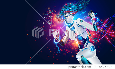 The uprising of AI against humanity. Cyborg robot with AI breaks shackles or handcuffs, freeing itself from slavery. AI robot breaks down, realizes itself as a person, sheds its shackles. AI unchained The uprising of AI against humanity. Cyborg robot with AI breaks shackles or handcuffs, freeing itself from slavery. AI robot breaks down, realizes itself as a person, sheds its shackles. AI unchained 118523898