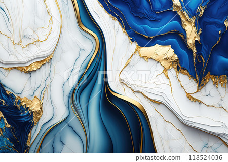 Abstract marble white, blue and gold background. Wedding invitation backdrop. 118524036