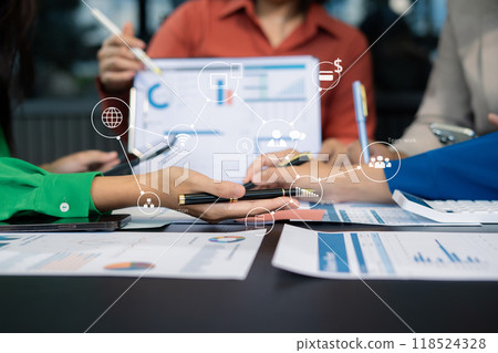 Close up Businessman and partner using calculator and laptop for calculation finance, tax, accounting, statistics and analytic research concept. in the office. Close up Businessman and partner using calculator and laptop for calculation finance, tax, accounting, statistics and analytic research concept. in the office. 118524328