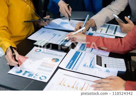 Business team present. professional investor working new start up project. Finance managers meeting.using smart phone and laptop and digital tablet computer in modern office. 118524342