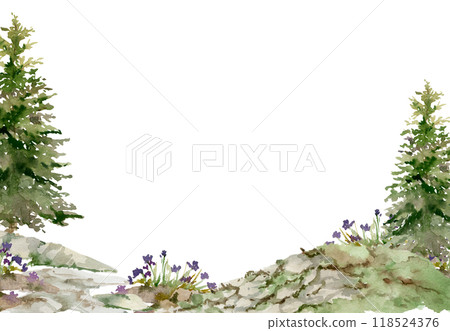 Scenery landscape of alpine vista forest meadow grassland with bushes flowers, pine spruce tree rocks hand drawn in watercolor. Horizontal frame for tourism, resort ads, hiking camping sites vacation. 118524376