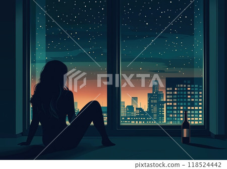lonely night of depressive woman with bottled alcohol 118524442
