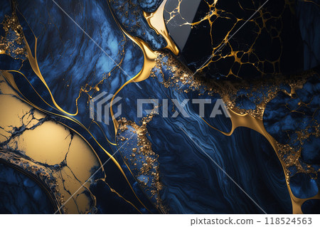 Dark blue and gold marble background. Luxury marble stone texture. Invitation backdrop. 118524563