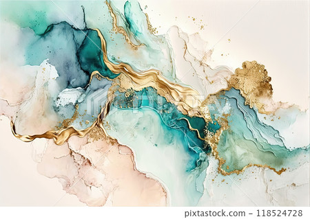 Abstract acohol ink art pastel colorful and gold background. Ai generated. 118524728