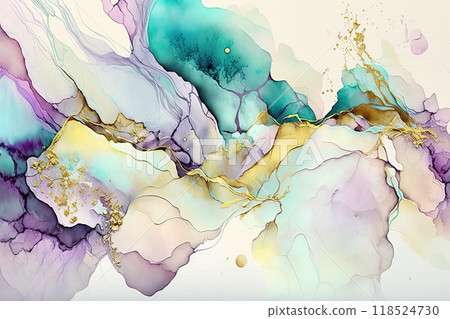 Abstract acohol ink art pastel colorful and gold background. Ai generated. 118524730