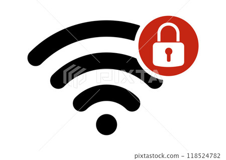 Wi-Fi connection is password protected. Wi-Fi symbol and lock icon. Locked wireless Internet signal. Wi-Fi signal error. Wi-Fi failure icon. Wi-Fi connection is password protected. Wi-Fi symbol and lock icon. Locked wireless Internet signal. Wi-Fi signal error. Wi-Fi failure icon. 118524782
