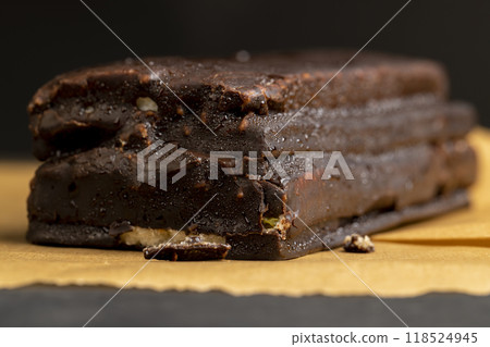 close-up of a piece of cake with nuts and cottage cheese close-up of a piece of cake with nuts and cottage cheese 118524945