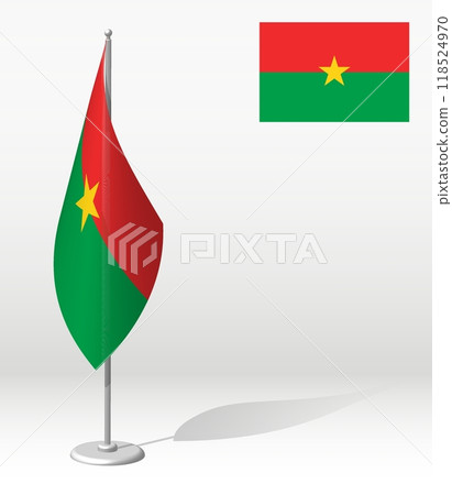 Burkina Faso flag on flagpole for registration of solemn event, meeting foreign guests. National independence day of Burkina Faso. Realistic 3D vector on white Burkina Faso flag on flagpole for registration of solemn event, meeting foreign guests. National independence day of Burkina Faso. Realistic 3D vector on white 118524970