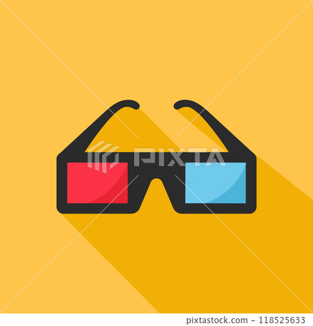 Flat 3d movie glasses icon on yellow background. Vector illustration 118525633