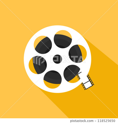 Film reel icon on yellow background. Filmmaking equipment icon. Cinema symbol. Vector illustration 118525650