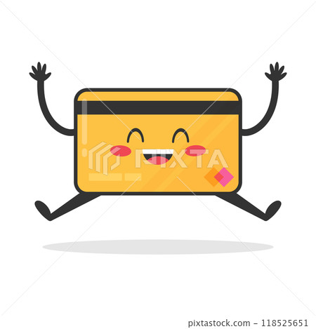 Cute cartoon credit card character. Plastic bank card mascot is jumping. Vector illustration 118525651